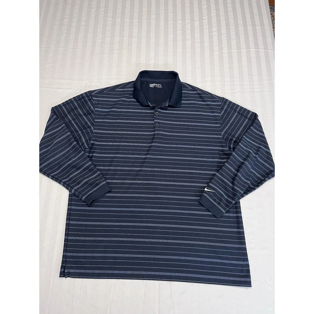 Nike Golf Fit DRY Shirt Mens XL Navy Blue Striped Long Sleeve Performance Polo